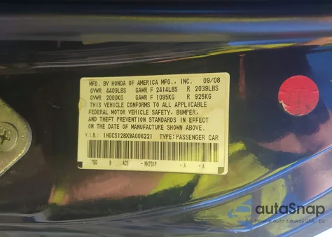 2009 Honda Accord 2.4 Ex-L from USA, damaged, VIN 1HGCS128X9A006221